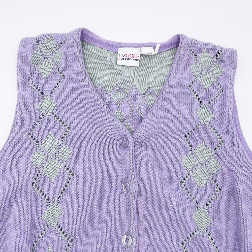 Vintage 90s Y2K Preppy Liz Golf Pastel Purple Green Argyle Knit Sweater Vest - Picture 3 of 8